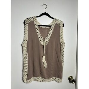 GeeGee Boho Crochet Trim V-Neck Tank Top L Mauve Brown Tassel Rayon Festival